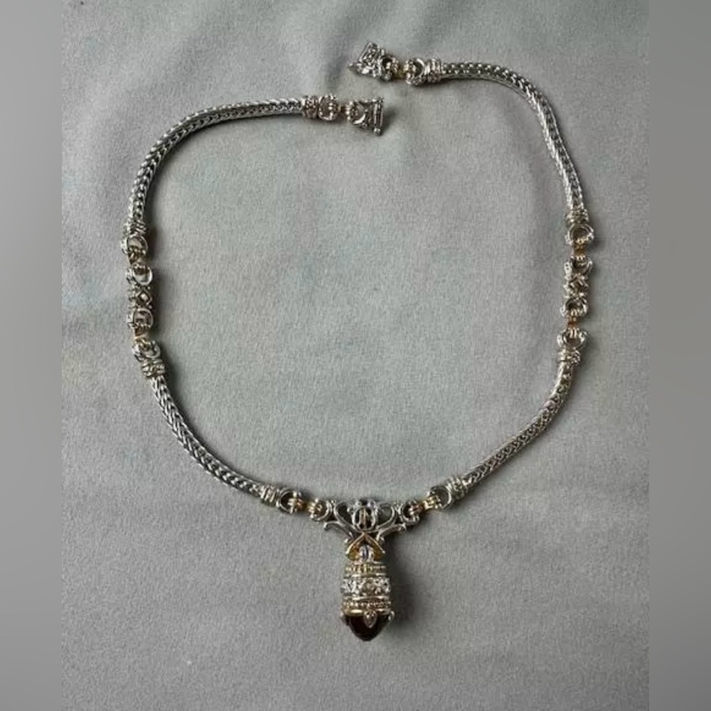 John Medeiros Single Strand Necklace Rhodium & Gold Red Stone